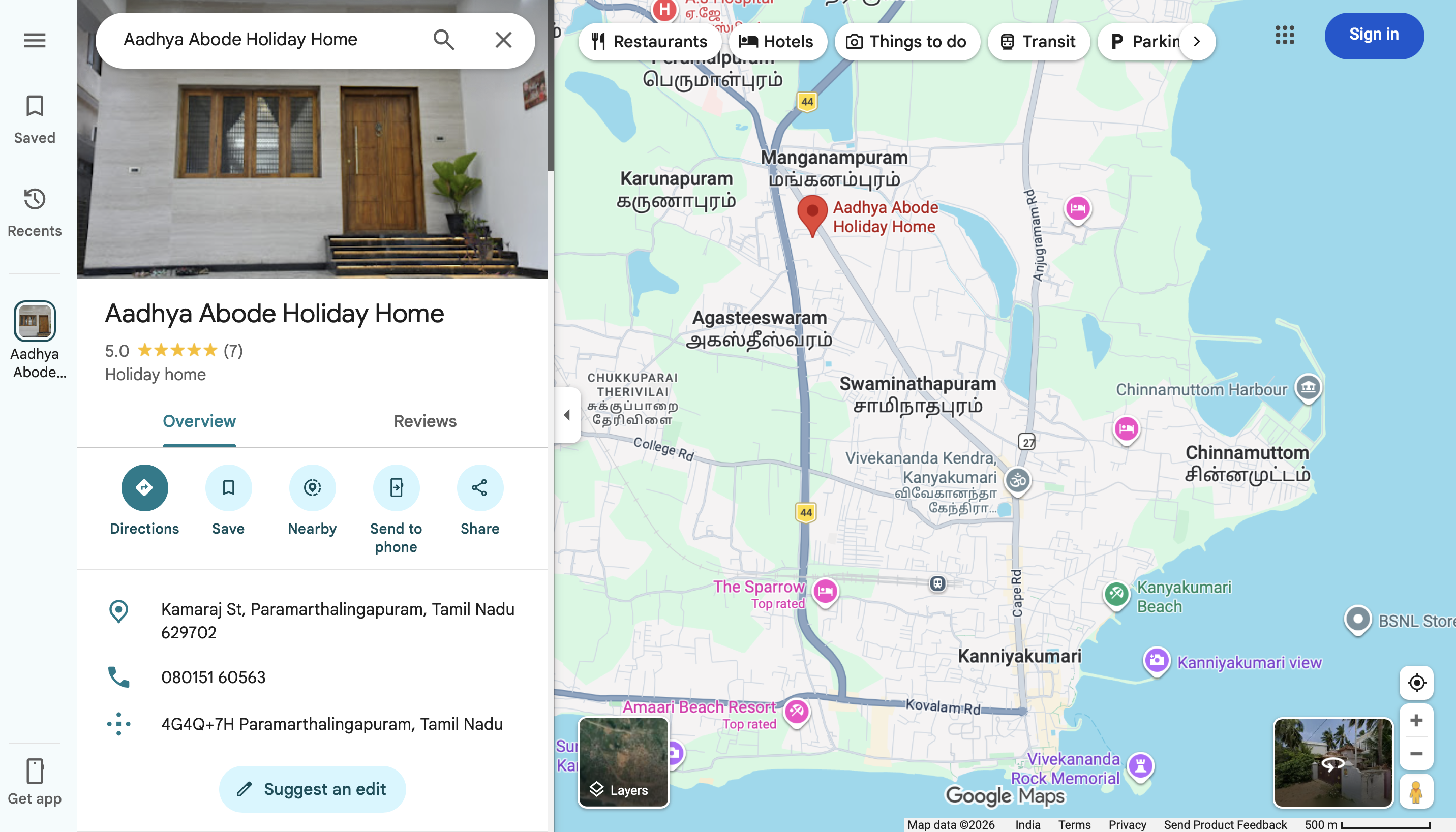 Map showing Aadhya Abode location in Kanyakumari, Tamil Nadu — near Vivekananda Rock Memorial