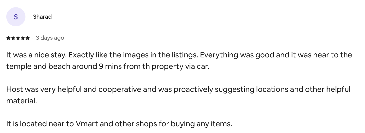 Airbnb guest review screenshot — 5 stars