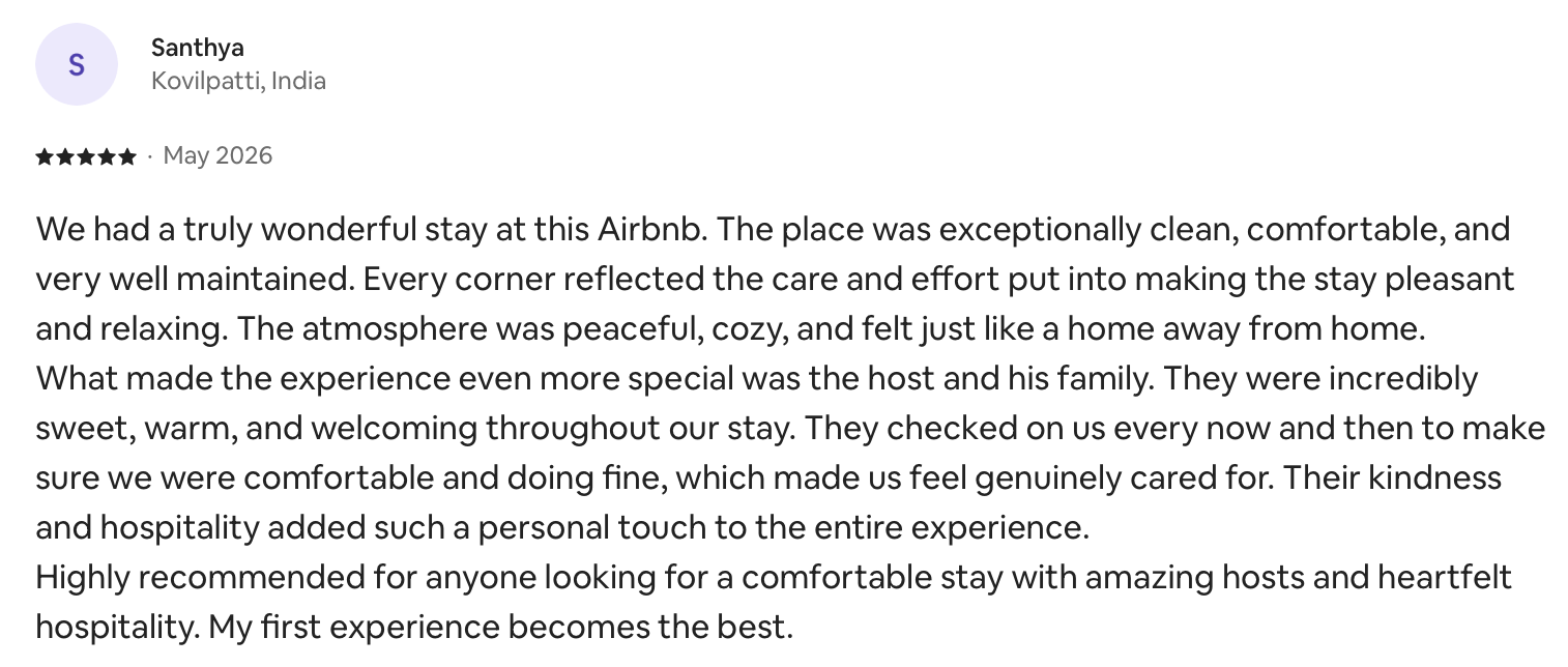 Airbnb guest review screenshot — 5 stars