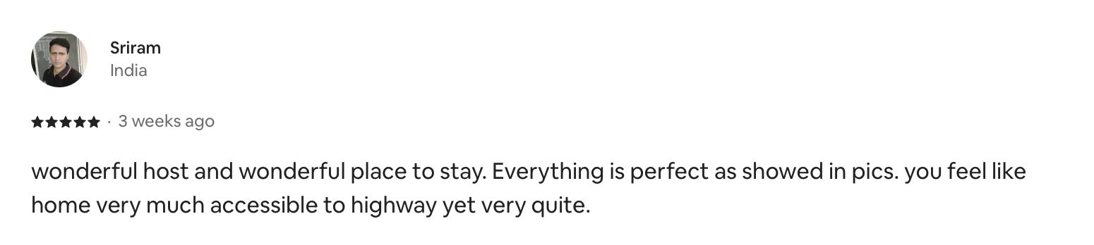 Airbnb guest review screenshot — 5 stars